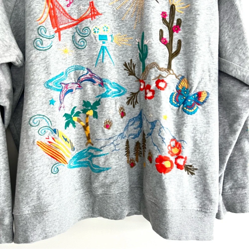 JOHNNY WAS California Raglan Gray Multicolor Embroidery Cotton Sweatshirt Sz XL - Picture 5 of 16